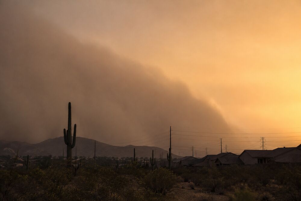 Wall of dust from an approaching monsoon haboob rolling across the Sonoran Desert toward a Phoenix-area suburban skyline at dusk